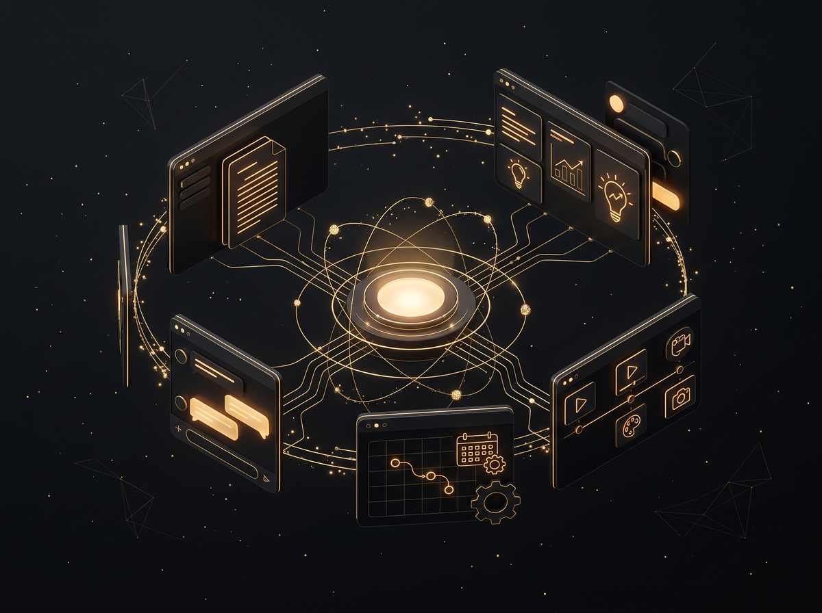 Abstract visualization of a unified AI workspace connecting research, writing, and planning