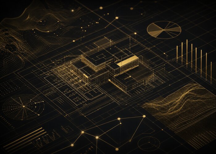 Strategic business planning blueprint with AI analysis overlay