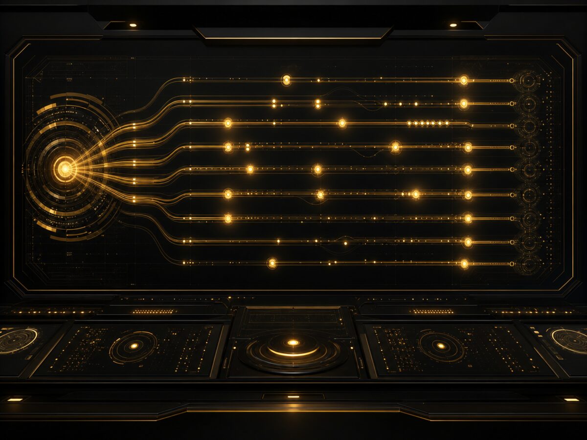 AI command center visualization with glowing gold workflow streams